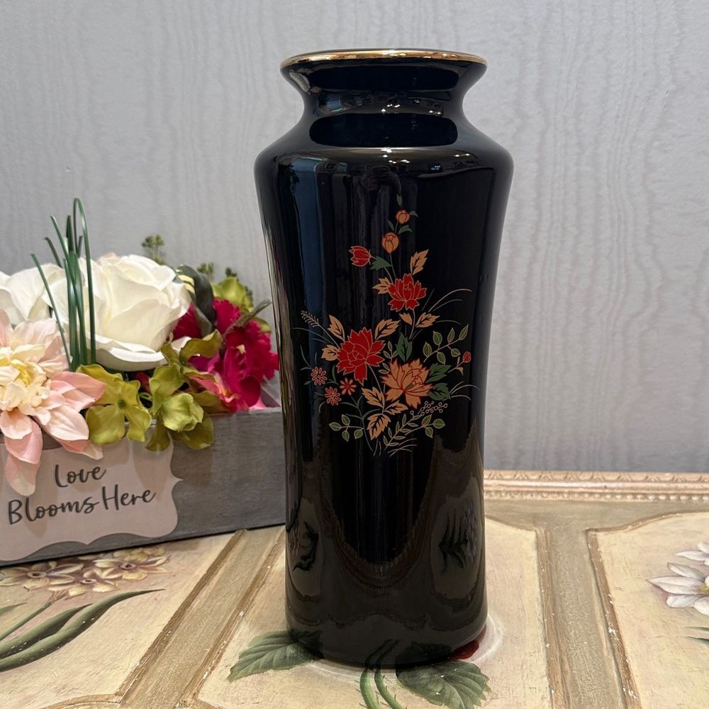 Vintage Japanese Glossy Black Floral Porcelain Vase with Gold Rim